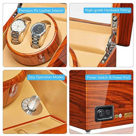 Cutie intors ceasuri automatice iUni, Watch Winder 2 + 3 spatii depozitare Auriu-Crem